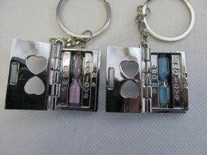 SET OF 2 LOVERS PINK/BLUE SANDS OF TIME BOOKS OPENING PAGE KEYRING GIFT UKSELLER