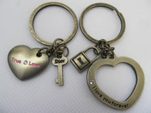 Load image into Gallery viewer, LOVERS COUPLES 2 PCS HEART LOCK &amp; KEY WITH INSCRIPTION BRONZE KEYRING UK SELLER
