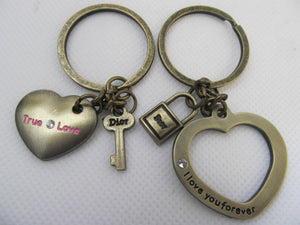 LOVERS COUPLES 2 PCS HEART LOCK & KEY WITH INSCRIPTION BRONZE KEYRING UK SELLER