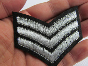 EMBROIDERY CLOTH MILITARY SILVER SERGEANT STRIPES PATCH IRON SEW ON 6.5cmx4.5cm