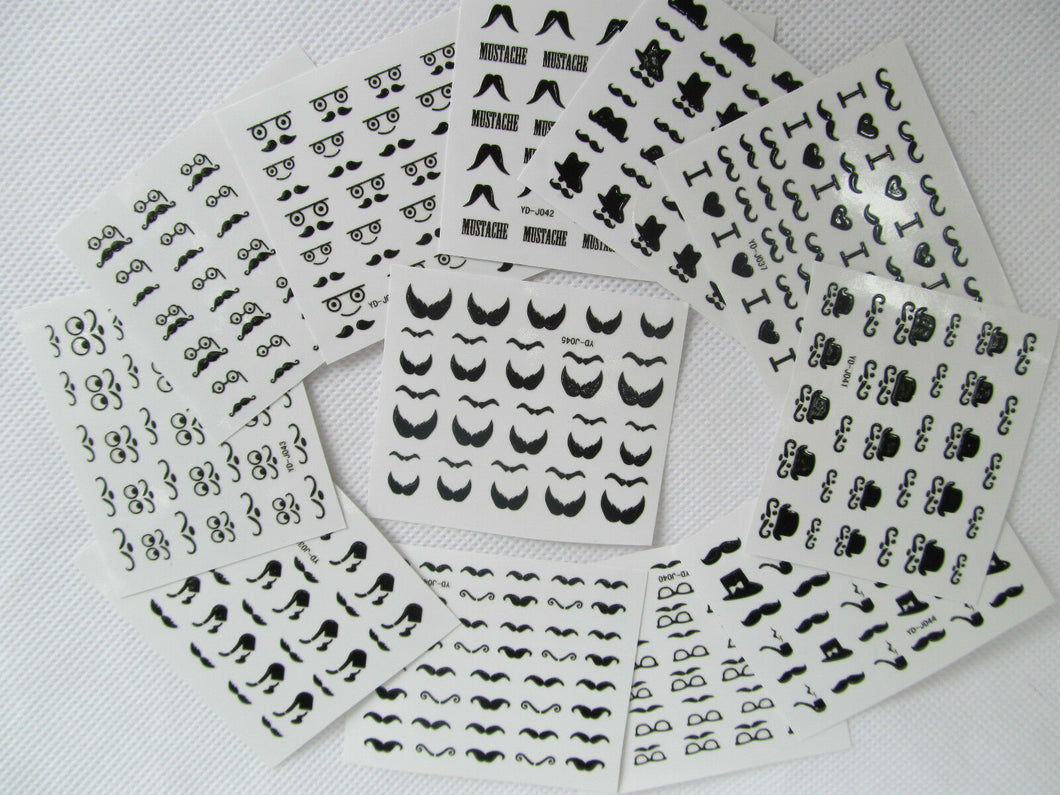 12 SHEETS 3D NAIL ART TIPS STICKERS FALSE NAIL DESIGN MANICURE MOUSTACHE LETTERS