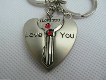 Load image into Gallery viewer, LOVERS COUPLES I LOVE YOU SET OF TWIN KEYRINGS HEART AND KEY JIGSAW GIFT IDEA UK
