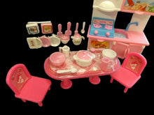 Load image into Gallery viewer, DOLL SIZED KITCHEN PLAYSET OVEN TABLE CHAIRS POTS, PANS &amp; TEA SET UK SELLER
