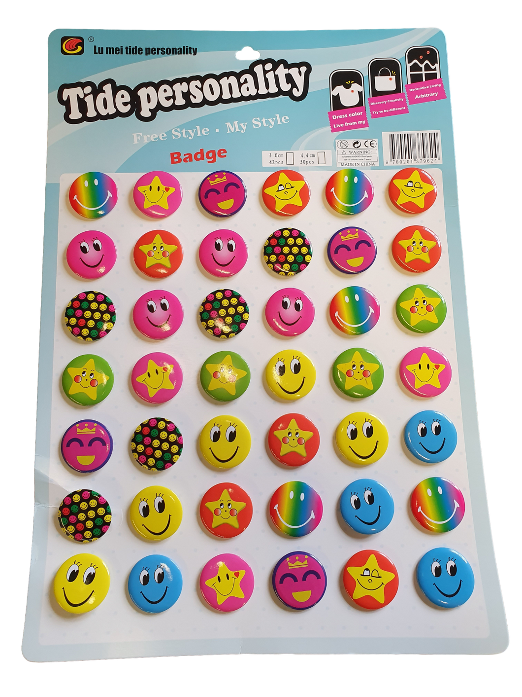 PACK OF 42 COLOURFUL PRIDE SMILEY HAPPY FACE FASHION  BADGES 30mm GIFT PARTY BAG