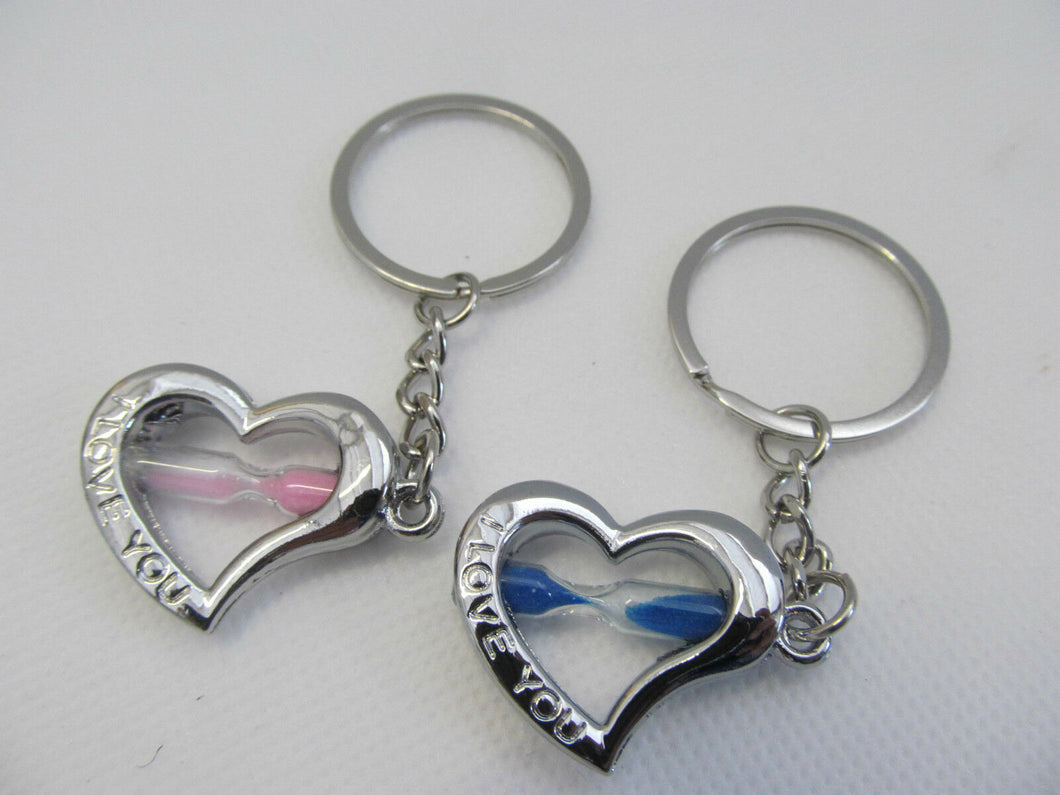 2 LOVERS PINK/BLUE SANDS OF TIME HEARTS I LOVE YOU KEYRING GIFT CHARM UK SELLER