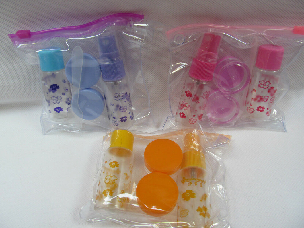 3x SETS of 5 in 1 TRAVEL CABIN LUGGAGE COSMETIC PLASTIC SPRAY BOTTLE CREAM POTS