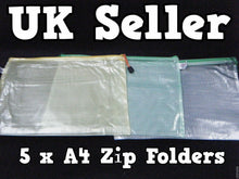 Load image into Gallery viewer, 5x PASTEL PLASTIC ZIPPY BAGS A4 SIZE FILE STORAGE DOCUMENT ART SCHOOL FOLDERS
