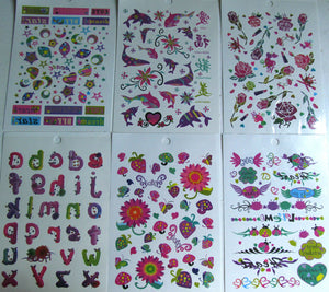 GIRLS TEMPORARY TATTOOS WORDS LADYBIRDS FISH HEARTS LETTERS FLOWERS UK SELLER
