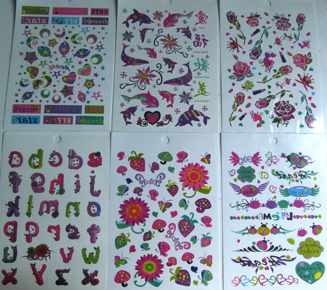 GIRLS TEMPORARY TATTOOS WORDS LADYBIRDS FISH HEARTS LETTERS FLOWERS UK SELLER