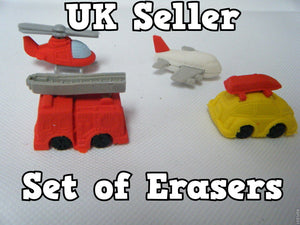 SET OF 4 PUZZLE CARS PLANES HELICOPTER FIRE ENGINE KOREAN NOVELTY ERASERS RUBBER