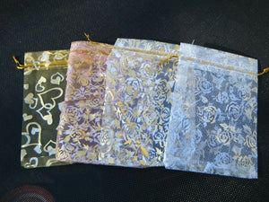 25 x MIXED FLOWERS GOLD ORGANZA BAGS WEDDING FAVOUR 17cm x 12cm JEWELLERY GIFTS