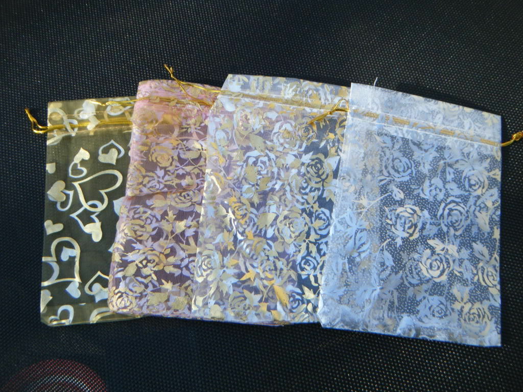 25 x MIXED FLOWERS GOLD ORGANZA BAGS WEDDING FAVOUR 17cm x 12cm JEWELLERY GIFTS
