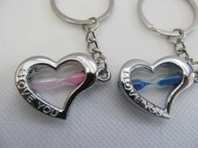Load image into Gallery viewer, 2 LOVERS PINK/BLUE SANDS OF TIME HEARTS I LOVE YOU KEYRING GIFT CHARM UK SELLER
