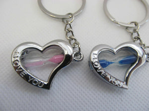 2 LOVERS PINK/BLUE SANDS OF TIME HEARTS I LOVE YOU KEYRING GIFT CHARM UK SELLER