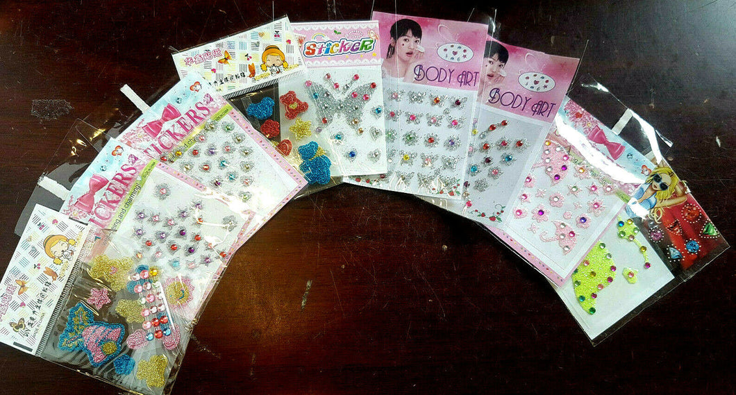 5 or 10 PACKS 3D BODY or NAIL ART TATTOO VAJAZZLE GEL JEWEL STICKERS STARS HEART