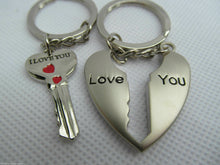 Load image into Gallery viewer, LOVERS COUPLES I LOVE YOU SET OF TWIN KEYRINGS HEART AND KEY JIGSAW GIFT IDEA UK
