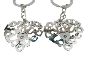 SET OF 2 LOVERS COUPLES DIAMONTE HEART SOLID METAL KEYRING GIFT CHARM UK SELLER