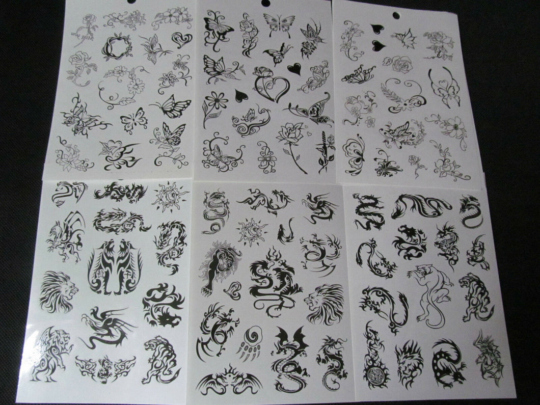 6x SHEET UNISEX GIRLS LADIES TEMPORARY TATTOOS BLACK ARTY BUTTERFLY ROSES CELTIC