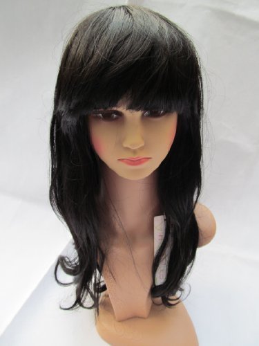 Quality Long Curly Black Ladies wig with fringe synthetic Japanese fibres 70cm length, hair loss, alopecia, etc - posted from London by Fat-catz