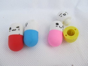 Fat-catz-copy-catz Set of 4 Novelty Collectable Colourful small Pills, tablets, Japanese Style Erasers Rubbers (not Iwako)