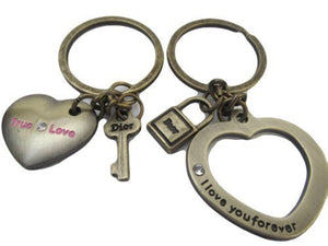 bronze lovers couples 2 pcs heart lock & key with inscription metal enamel keyring handbag charm gift uk seller - posted from London only by Fat-catz