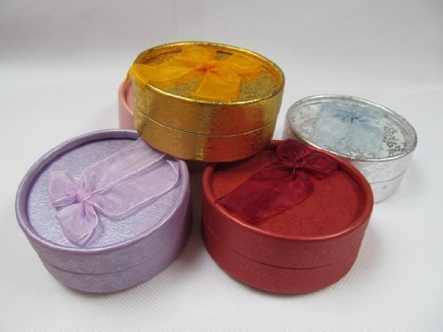 5 x Medium sized round circle shaped quality jewellery ring necklace bracelet gift boxes padded insert, bow, suble flower design, 5 colours gold, silver, red, pink, purple