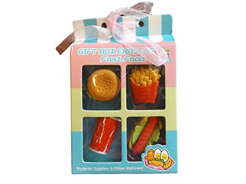 Fat-catz-copy-catz One Set of 4 Novelty Collectable Japanese Style Food Ice-cream, Cake, Donuts or Fast-Food colourful Erasers Rubbers (4 piece fast food erasers)