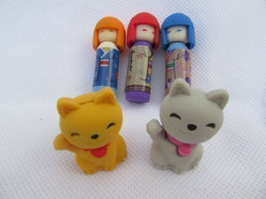 Fat-catz-copy-catz Set of 5 Novelty Puzzle Collectable 3D Kokeshi Dolls & Chinese Good luck Cats Japanese Style Erasers Rubbers (not Iwako)