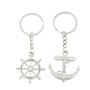 2 Pcs Silver Tone Ship Steering Wheel Anchor Penadnt Keychain Keyring