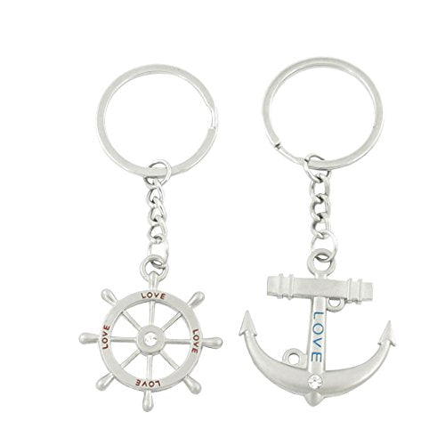 2 Pcs Silver Tone Ship Steering Wheel Anchor Penadnt Keychain Keyring