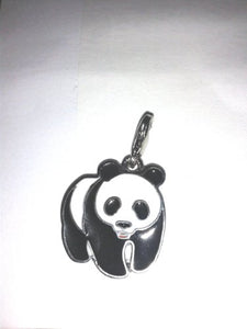wonkydragon lucky panda silver charm with silver lobster clip , bag charm, jewellery charm, keyfob white and black enamel finish