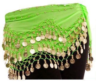 One Size Fit All - Green Gold Coins Belly Dance Skirt WITHOUT Bracelet/Cuff