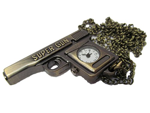 Fat-catz-copy-catz Bronze Vintage Antique style Gun Revolver Pistol design Mini Quartz Roman Numerals Clock pocket watch fob chain pendant Free UK P&P Gift Idea