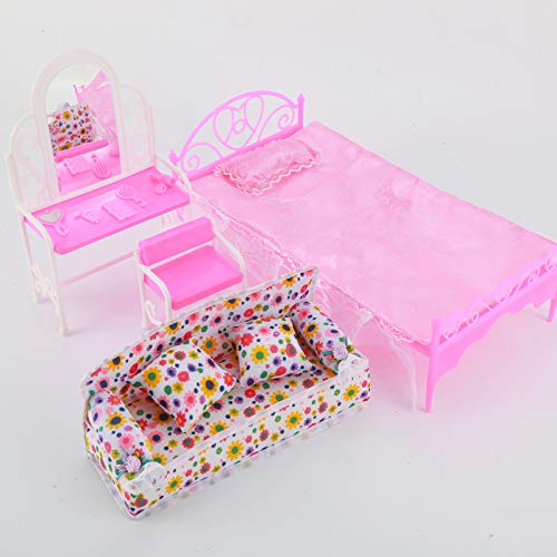 Yissone Princess Furniture Set Dollhouse Accessories Kit Kids Gift 8 Items/lot 1xDresser Set + 1x Sofa Set+1xBed Set + 5x Hangers for Doll