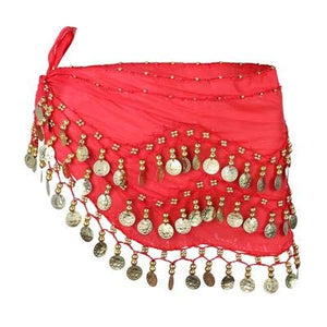 Red Belly Dance Wrap Hip Scarf Belt With Gold Coins