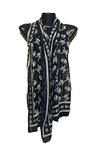 L&W PUNK Skull and Crown Silk Feel Chiffon Scarves Black White (Black)