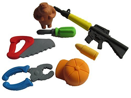 Fat-catz-copy-catz Set of 7 Bear hunting, gun, tools, saw, screw driver. Novelty Japanese Style Erasers Rubbers (not Iwako)