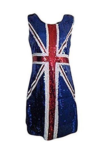 Ladies Union Jack Britannia Fancy Dress Costume Sequin Short Dress Size 8-12