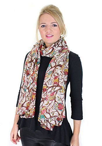 Owl On a Branch Print Ladies Fashion Scarf (Cream)