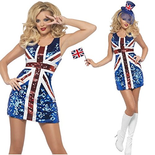 Ladies Sexy Sequinned Union Jack Ginger Spice Girls Rule Britannia Fancy Dress Costume Outfit (UK 8-10)