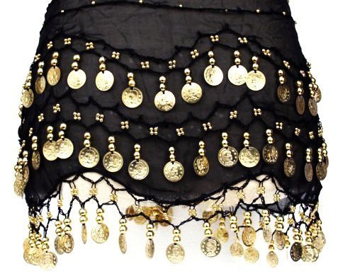 Fat-catz-copy-catz Black 3 Rows Sexy Chiffon Belly Dance Costume Hip Scarf Skirt Fringe Coin Belt Wrap