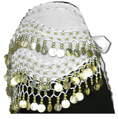White Belly Dance Wrap Hip Scarf Belt With Gold Coins