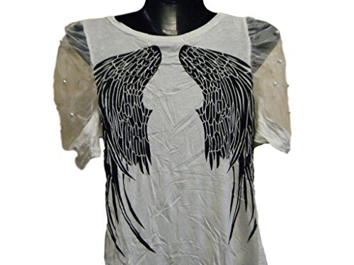 Fat-catz-copy-catz Biker Style Fashion White Ladies Top T-Shirt with Angel Wings on Rear