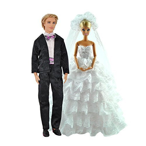Fat-catz-copy-catz Set of Fashion White Wedding Gown Dress & Formal Suit Clothes Outfit for Princess Ken Dolls (Doll's Not Included)