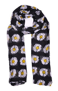 Lady Womens Colorful Long Daisy Flower Print Scarf Wraps Shawl Soft Scarves-(Sc41-Black)