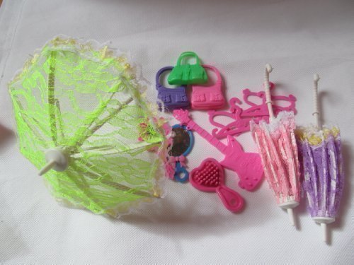 Fat-catz-copy-catz Set of 15x Dolls sized accessories: Umbrella, handbag, brush, mirror, wand, hangers & shoes