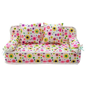 BSTCAR Mini Sofa, Lovely Dolls House Furniture Cloth Floral Prints Sofa with Cushions Barbie House Furniture And Accessories