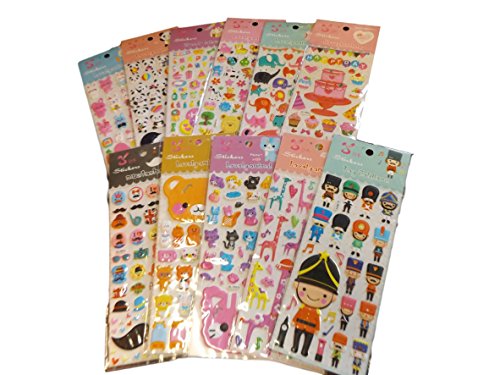 10x Sheets Colourful Kids Animal, Bows, Cars, etc. 3D Style Decal re-usable Stickers for Craft Kids Scrap Books Birthday Cards