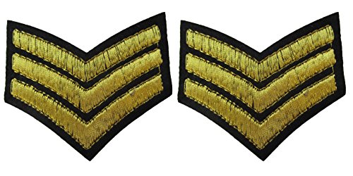Fat-catz-copy-catz 2x Gold Sarge Sergeant Stripes Military Army Ranking Iron on Sew on Embroidered Badge Applique Motif Patch