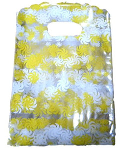 Fat-catz-copy-catz 100x Quality Fashion Plastic Frosted/Clear Yellow Swirls Carrier Bags for Shops, Markets, Party Gift loot Bags 22cm x 18cm